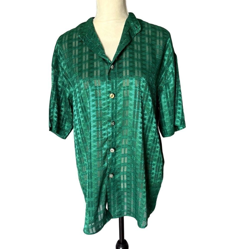 Virgola Italia Shirt Medium Green ShortSleeve Button Up Geometric Collared Retro